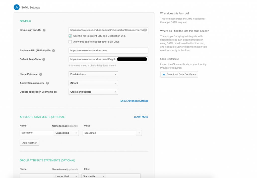 Accessing CloudEndure Disaster Recovery with Okta single sign-on -- SAML Settings