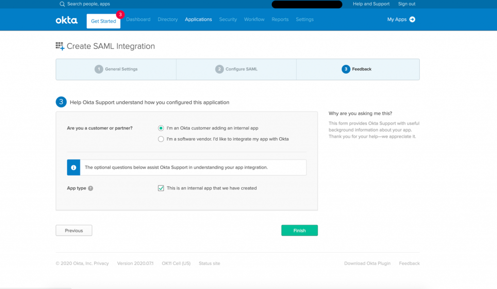 Complete Okta support Feedback, then select Finish